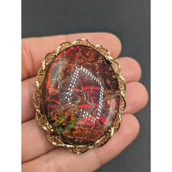 Large Oval Ammolite Triplet Fossil Gemstone Gold Filled GF Brooch Pin Pendant - Picture 3 of 10